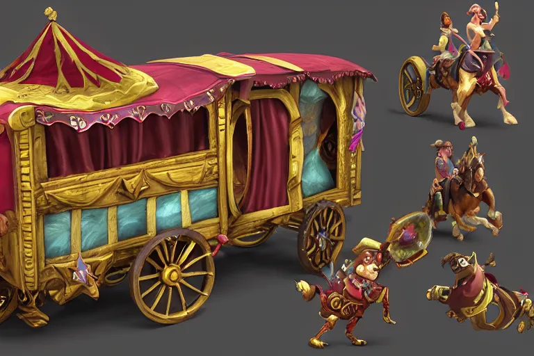 Image similar to 3d sculpt of a gypsy circus wagon, artstaton, League of Legends, digital illustration