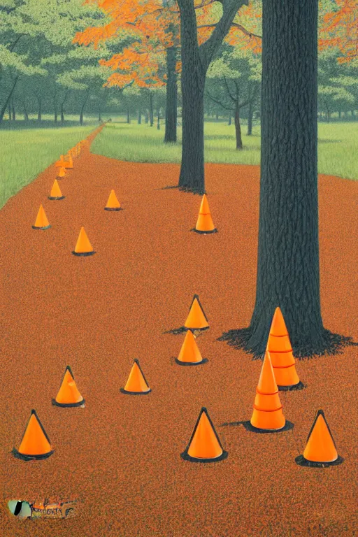 Prompt: painting of safety cones scattered around an oak tree forest, by james jean by ilya kuvshinov kintsugi