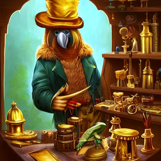 Image similar to Anthropomorphized parrot trader in his shop, selling his wares, portrait, items, gold, magic potions, carpet, window, fancy hat, sly expression , cunning expression, cute expression, long thick shiny gold beak, presenting wares, holding a gold bag, D&D, fantasy, cinematic lighting, highly detailed, digital painting, artstation, concept art, smooth, sharp focus, illustration, warm light, cozy warm tint, magic the gathering artwork, volumetric lighting, 8k, art by Akihiko Yoshida, Greg Rutkowski