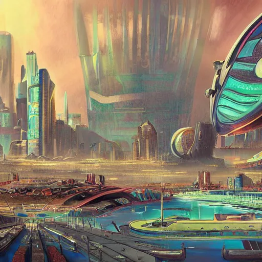 Image similar to vintage poster of a city on a futuristic alien planet, highly detailed, digital painting, concept art, illustration, - h 7 6 8