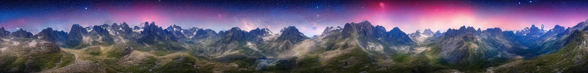 Image similar to panorama view of mountains and grand crayons at night with stars and galaxies in the night sky