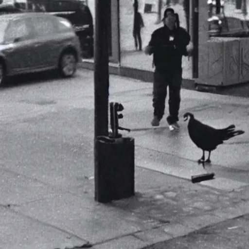 Image similar to surveillance camera footage of xavi hernandez on the street holding a pigeon