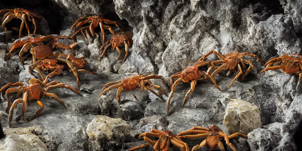 Prompt: crabs during a feeding frenzy inside of a cave, speleothems, limestone, rock strata, torches, rituals, carrion, extremely detailed, photorealistic, 4 k, 8 k