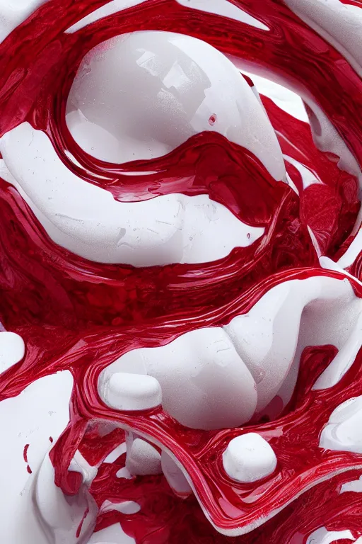 Image similar to swirling organic liquids mixing together, extremly detailed, organism, veins, red and white, intrinsec details, dramatic light, octane render, realistic