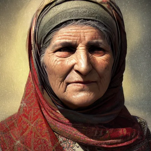 Image similar to hyperrealistic mixed media high resolution image of a beautiful Kurdish grandmother, stunning 3d render inspired art by István Sándorfi and Greg Rutkowski and Unreal Engine, perfect symmetry, dim volumetric lighting, 8k octane beautifully detailed render, post-processing, extremely hyper-detailed, intricate, epic composition, highly detailed attributes, highly detailed atmosphere, full body shot, cinematic lighting, masterpiece, trending on artstation, very very detailed, masterpiece, stunning, flawless structure, lifelike texture, perfection,