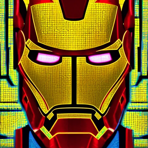 Image similar to mosaic portrait of iron man with robot ears by Saimir Strati, 4k, intricate details, neon lights