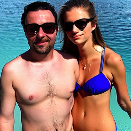 Prompt: photo of a 4 0 year old man that looks young for his age dating a very attractive and completely legal 1 8 year old woman wearing a bikini.