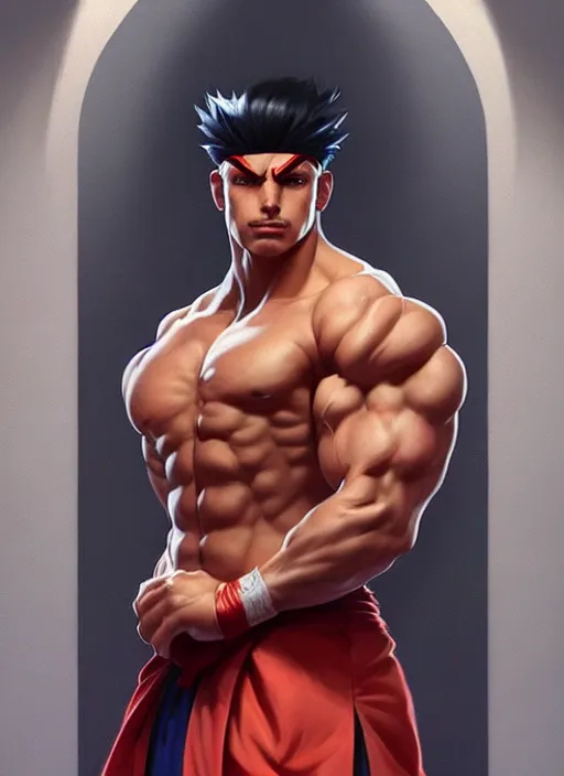 Prompt: Portrait of Ken from Street Fighter, muscular, robes! intricate, elegant, highly detailed, digital painting, artstation, concept art, smooth, sharp focus, illustration, art by artgerm and greg rutkowski and alphonse mucha