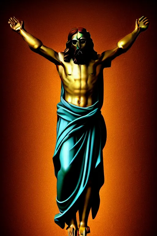 Prompt: full body shot, jesus on cross, painting by caravaggio, breugel, mikelangelo, donatello, masterpiece, highly detailed, artstation, concept art, dark background, octane rendering 8 k, depth of field, bokeh. iridescent accents. vibrant. teal gold and red color scheme