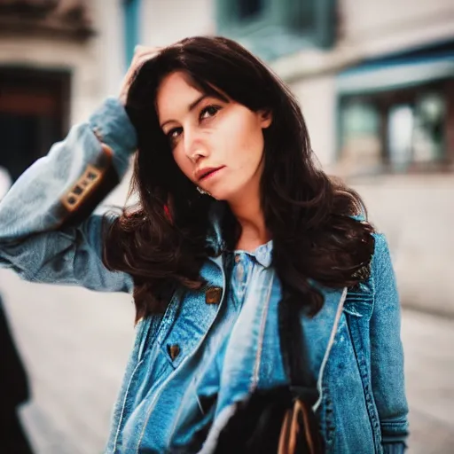 Prompt: photo street portrait beautiful brunette woman