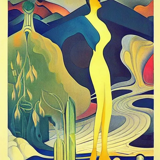 Image similar to imagine art nouveau : : 1 0 0 metaphysical art : : 5 futurism : : 1 5 vorticism : : 2 5 surrealism : : 1 5 indigenism : : 1 5 early morning in the eifel mountains werner peiner 1 9 3 8 : : 5 muralism : : 5 neo - figurative art : : 1 0 maximalism : : 1 0