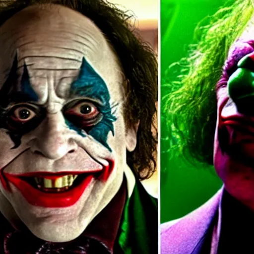 Image similar to Danny Devito as The Joker, still image from Batman movie, shot of face