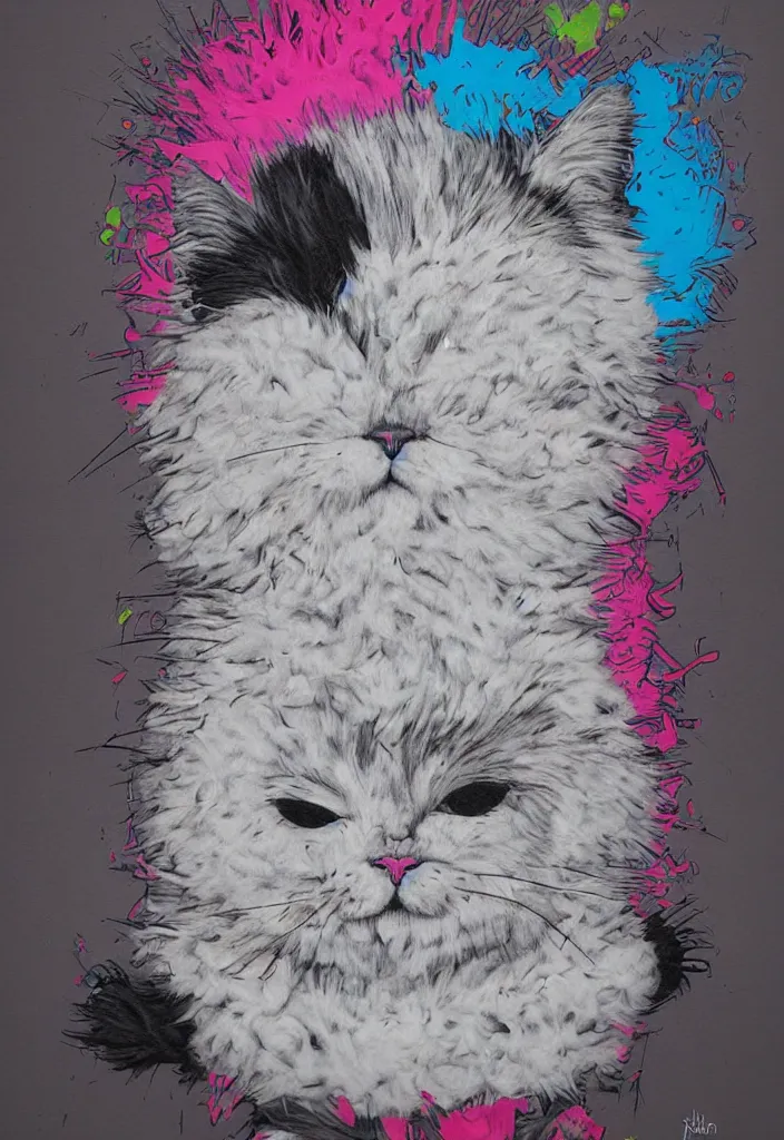 Image similar to fluffy cat with an afro comb t - shirt design, by jules julien, alex yanes, dark grisaille monochrome neon spraypaint, ironic surrealism, hypebeast