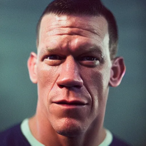 Prompt: A Medium shot of a John Cena face, captured in low light with a soft focus. There is a gentle pink hue to the image, and the John cena’s features are lightly blurred. Cinestill 800t