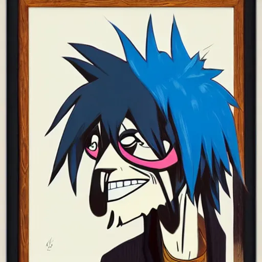 Image similar to 2 d gorillaz, a man with messy blue hair and no eyes, portrait, gorillaz style, jamie hewlett, semi - realistic, neutral expression