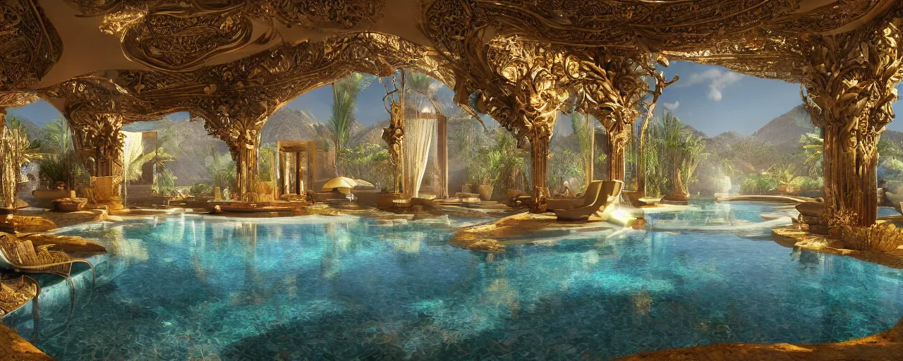 Image similar to surreal hyper luxury spa with intricate golden details with view to arid mountains and palm forest, ultra detailed, photorealism, sharp focus, volumetric light, global illumination