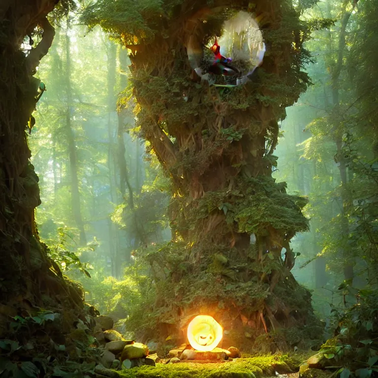 Prompt: Fantasy Magical fairy-tale glowing stone portal in the forest. Round stone portal teleport in trees to other worlds. Fantastic landscape. Magic Altar in the fores, highly detailed, digital painting, concept art, smooth, sharp focus, illustration, art by greg rutkowski and alphonse mucha