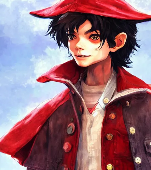 Image similar to attractive little boy character inspired in little red riding hood and michael jackson, digital artwork made by akihiko yoshida, wlop and makoto shinkai, anatomically correct, symmetrical, highly detailed, sharp focus, extremely coherent