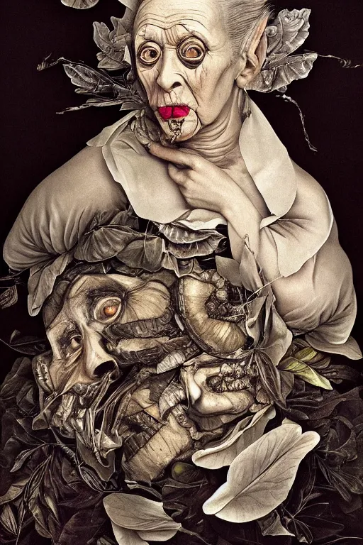 Image similar to Detailed maximalist portrait of a beautiful old woman with large lips and eyes, scared expression, botanical skeletal with extra flesh, HD mixed media, 3D collage, highly detailed and intricate, surreal illustration in the style of Caravaggio, dark art, baroque, centred in image