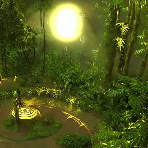 Image similar to stargate sg 1 in a densely overgrown jungle, fantasy, dreamlike sunrise volumetric lighting, ultra realistic, atmospheric, stopped in time, epic