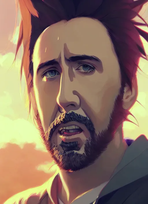 Image similar to portrait of nicolas cage, cloudy sky background lush landscape illustration concept art anime key visual trending pixiv fanbox by wlop and greg rutkowski and makoto shinkai and studio ghibli