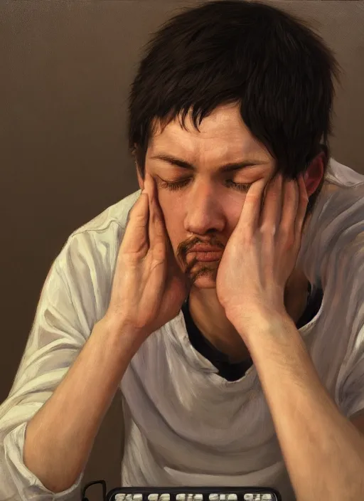 Prompt: insanely detailed portrait of a sleepy - looking programmer guy in front of his ultrawide monitor begging for forgiveness, oil on canvas, masterwork, fine detail, trending on artstation, emotive, insanely compelling, ryden, koons, moebius