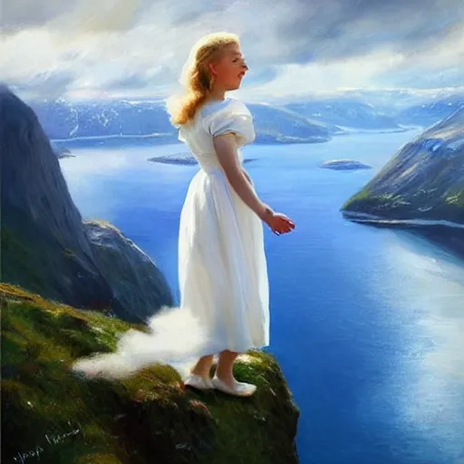 Image similar to 1950s blonde standing on top of Norwegian fjord, norway flag and sky blended, atmospheric, dreamy, painting by Vladimir Volegov