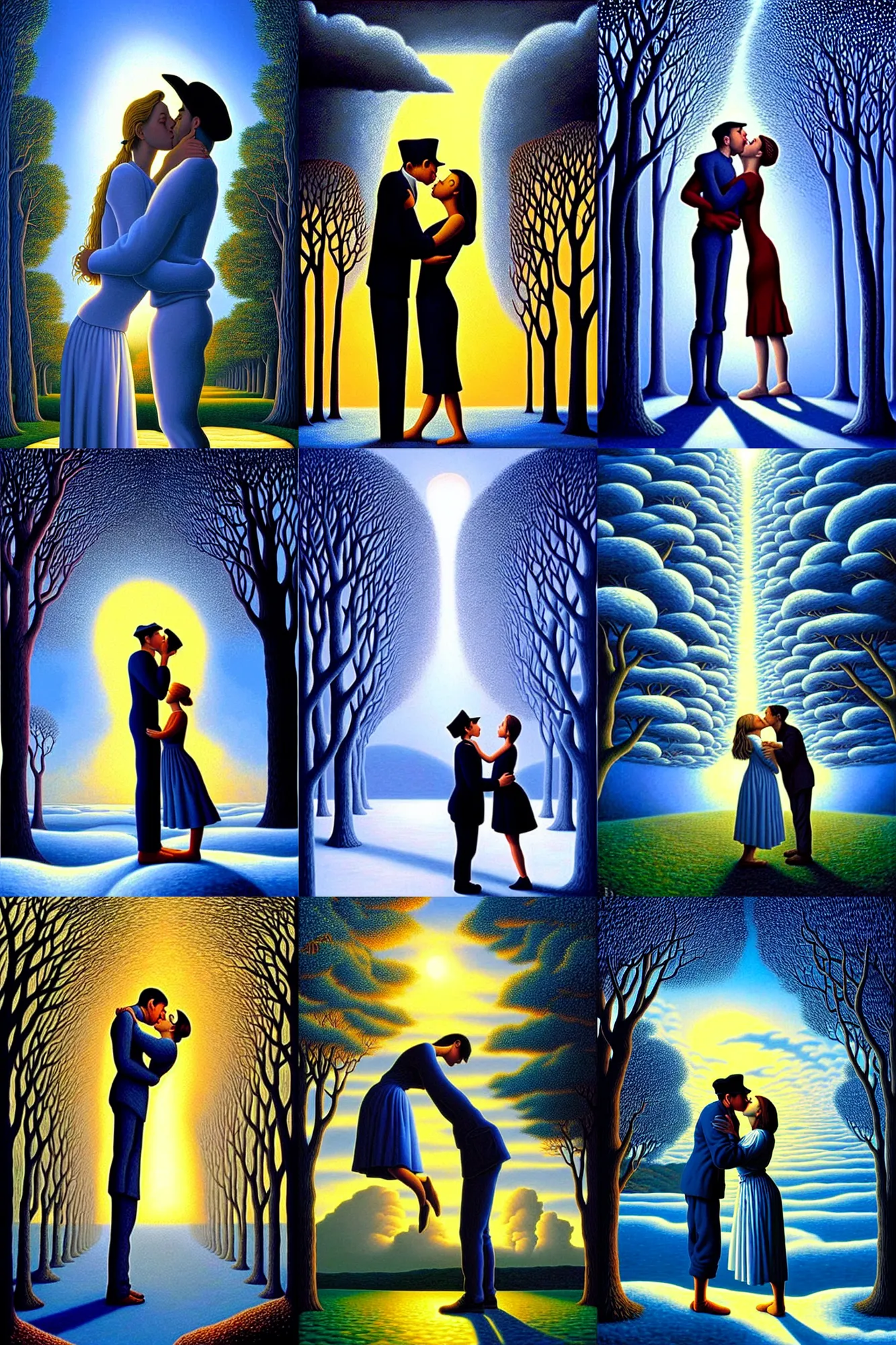 Prompt: a portrait of a kiss painted by rob gonsalves, surrealistic, good light, magical atmosphere.