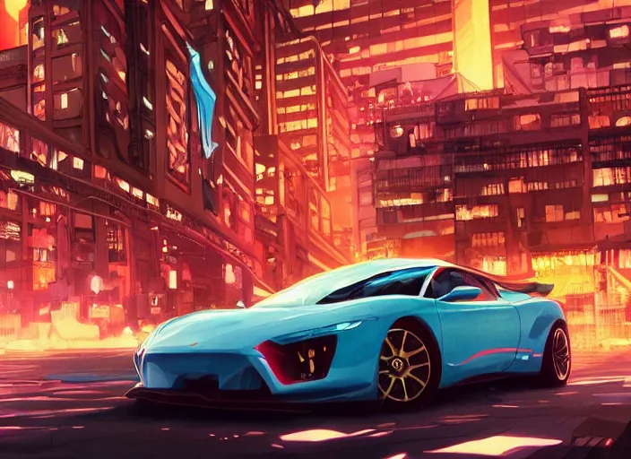 Image similar to a sport car in a city. sharp focus, cinematic pose, cinematic lighting, unreal engine render. art by josan gonzales and moebius and deathburger.