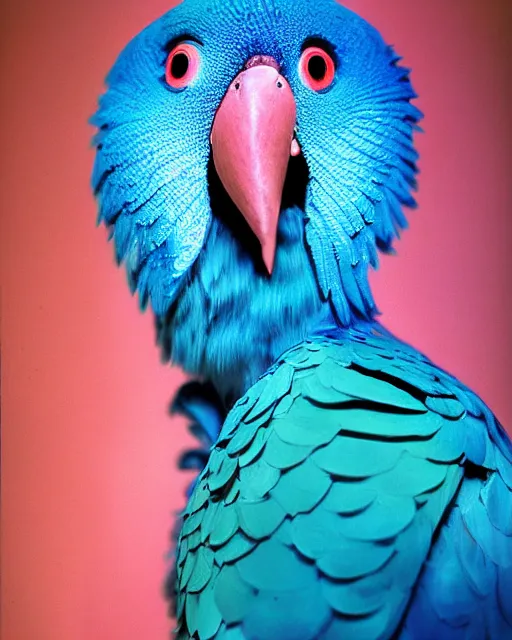 Image similar to natural light, soft focus portrait of a cyberpunk anthropomorphic parrot with soft synthetic pink skin, blue bioluminescent plastics, smooth shiny metal, elaborate ornate head piece, skin textures, by annie leibovitz, paul lehr