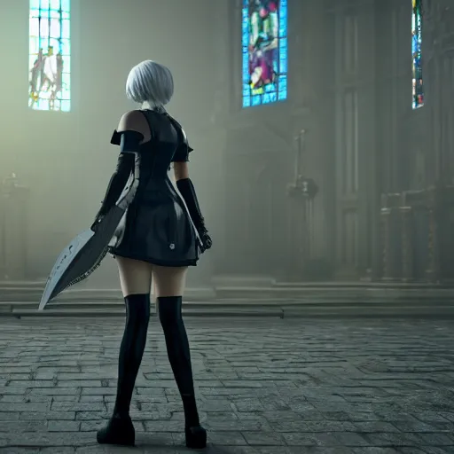 Image similar to 2 b nier automata standing in front of a church, 3 d render, unreal engine, octane render, ray tracing, unity, highly detailed, high quality, hd, 4 k, 8 k, realistic, sharp, trending