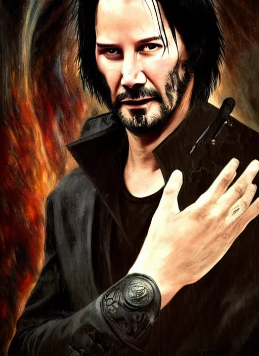 Image similar to keanu reeves neo from matrix 1 as sandman, with fingers and hair turning into smoke, vertigo, shaved, pale skin!, goth, bauhaus, fantasy, intricate, elegant, highly detailed, digital painting, artstation, concept art, wallpaper, smooth, sharp focus, illustration, art by artgerm and greg rutkowski and alphonse mucha