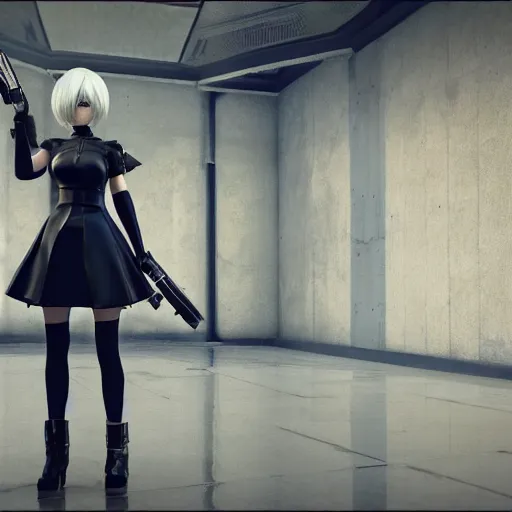 Image similar to 2B nier automata standing in front of a large building holding a Glock, detailed, artstation, concept art, Unreal Engine 5 render, 8K