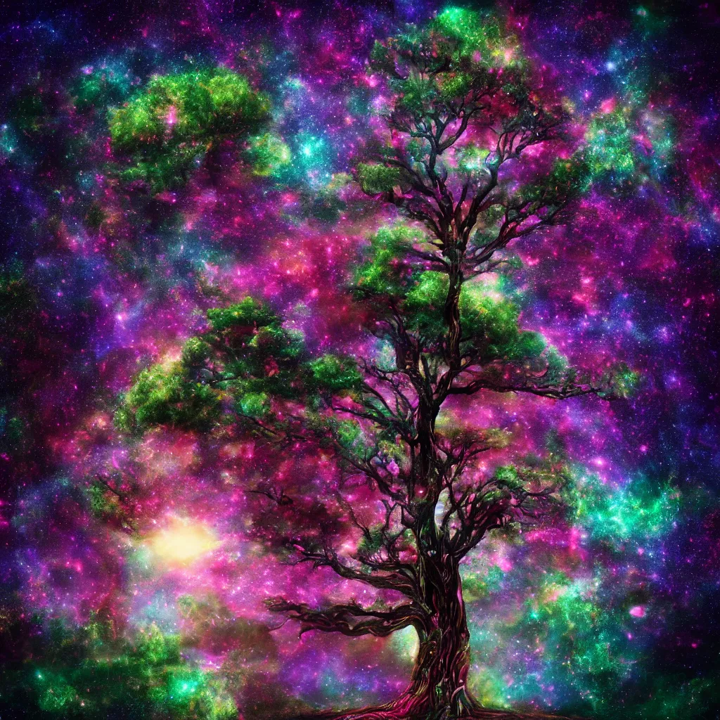 Image similar to Cosmic tree of life, trees, Tree in a galaxy made of stars, space, nebulas stars Dmt Psychedelic cosmos, cosmic, Hallucination, night sky; 8k, artstation, unreal engine, octane render, hdr, surrealistic, hyperrealism, glow, photorealistic, volumetric lighting, Dreamy, dynamic, mystical