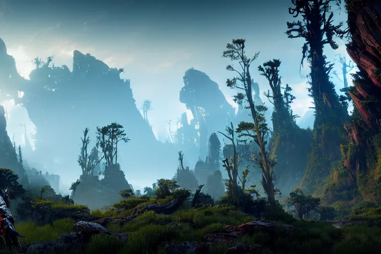 Prompt: wide epic shot from horizon forbidden west with a view on a hyper detailed organic mechanic creatuve realistic similar look as horizon forbidden west horizon zero dawn, bioluminiscence in a dark deep forest at dawn in spring, with reflection and textures, by kilian eng, substance painter realistic mech surface metal painted scratches, world env from horizon forbidden west horizon zero dawn