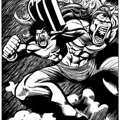 Image similar to mcbess illustration of the hulk fighting Thor