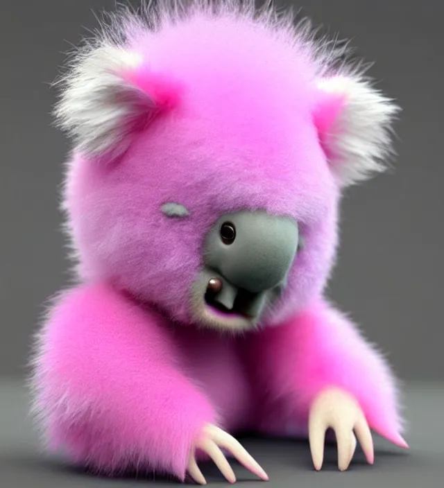 Image similar to high quality 3 d render hyperrealistic very cute small pink koala dj, fog, steam, smoke, plush mascot, short spiky dense fluffy smooth hair, photo from the side, pink fluffy fur, 1 5 0 mm, beautiful natural soft light, rim light, smooth background, artstation, ultra detailed, elegant, ultra detailed, metallic armor, octane render