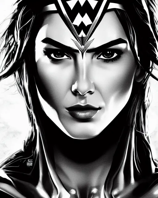 Image similar to tired angry wonderwoman portrait hd sharp monochrome technoir photo with mix of gal Gadot and Linda Carter in frank Miller Alex Ross style detailed trending on artstation Leica Zeiss depth of field