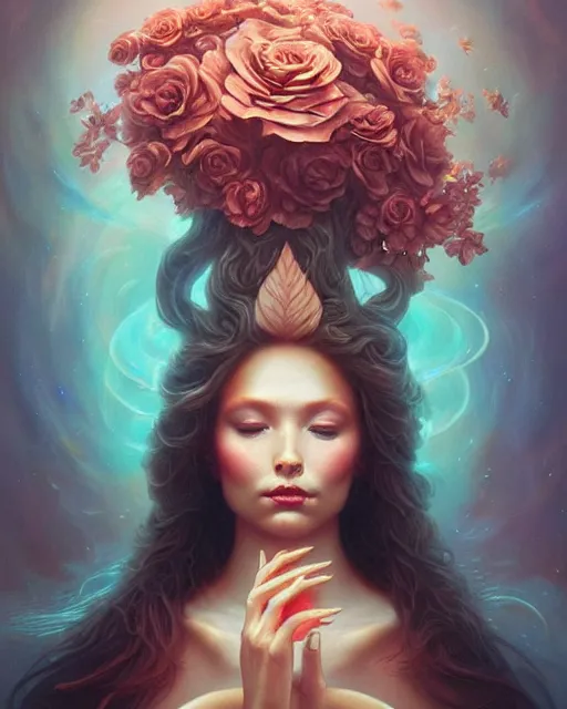 Prompt: rose gold carved mahogany beauty portrait, fauna flora explosion of beautiful petals, radiant light, artgerm, peter mohrbacher, fantasy art