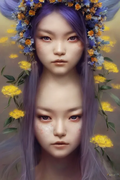 Image similar to a pale Ute Japanese girl with white hair, floral crown, sad blue eyes, cinematic lighting, ultra detailed, highly detailed, sharp focus, golden background with flowers, golden jewellery with blue sapphires, photographic, art by artgerm and greg rutkowski and zdislav beksinski