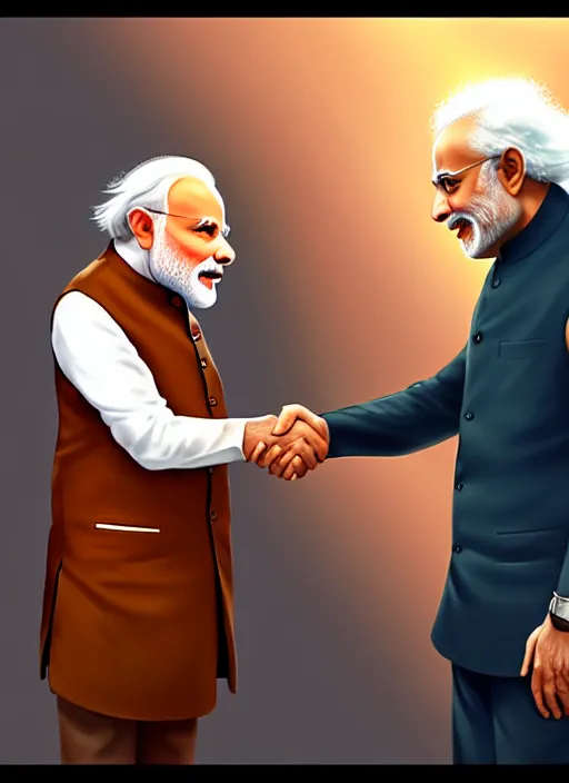 Image similar to portrait, Narendra Modi shaking hands with Albert Einstein , dramatic lighting, cinematic, establishing shot, extremely high detail, foto realistic, cinematic lighting, post processed, concept art, artstation, style by eddie mendoza, raphael lacoste, alex ross