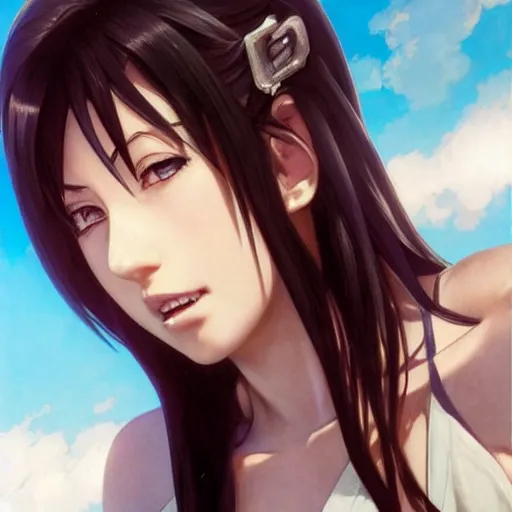 Image similar to highly detailed vfx portrait of tifa lockhart by eiichiro oda, makoto shinkai, alphonse mucha, sharp focus, art by artgerm and greg rutkowski!, backlit, harsh overhead sunlight, blue eyes!!, aquiline nose!!, stanley kybric, kaoru mori, hyper detailed, smooth pixiv, fanbox