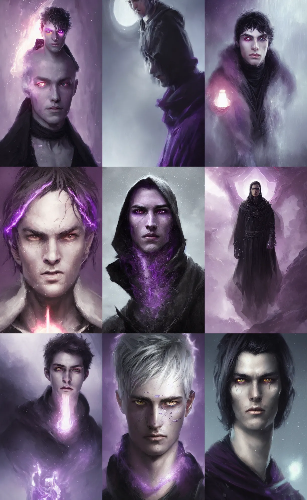 Prompt: portrait of a young man with purple eyes, dressed in a black cloak, silver hair, glowing purple eyes, detailed face, fantasy, highly detailed, cinematic lighting, digital art painting by greg rutkowski