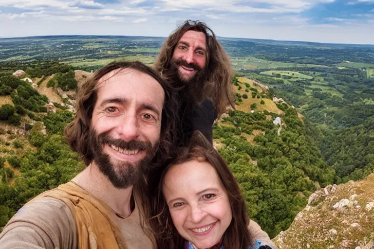 Image similar to selfie from a mobile phone of happy jesus and happy mary magdalene standing on a cliff looking over a beautiful landscape in france, in love, rennes - le - chateau, award winning photo, wide angle lens, very detailed, photorealistic