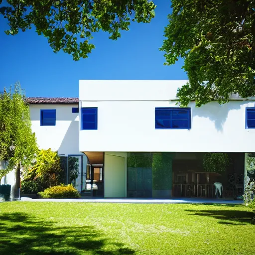 Prompt: house futurist, green yard, deep, blue sky with few white cloud, focus on the house