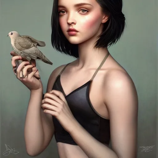 Prompt: tom bagshaw portrait, beautiful mix of dove cameron madison beer bella poarch in a camisole and hotpant, short cyberpunk haircut, professionally retouched, focus eyes, ultra realistic soft painting, insanely detailed linework, symmetrical accurate intricate features, behance, 8 k, - signature