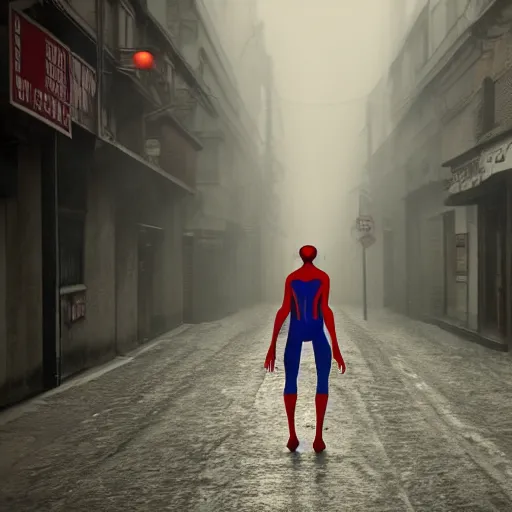 Prompt: long shot photo of spiderman in silent hill streets, highly detailed, 8 k