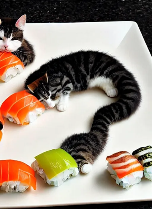 Image similar to clear photorealistic picture of adorable cats made out of sushi