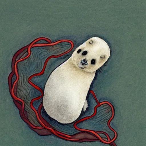 Image similar to botanical drawing of a baby harp seal tangled in kelp