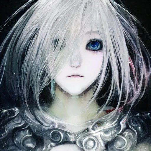 Image similar to yoshitaka amano blurred and dreamy illustration of an anime girl with black eyes, wavy white hair and cracks on her face wearing elden ring armour with the cape fluttering in the wind, abstract black and white patterns on the background, noisy film grain effect, highly detailed, renaissance oil painting, weird portrait angle